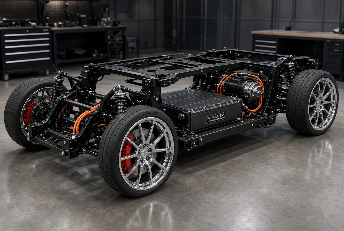 Concept render of the E-Box modular electric chassis, three-quarter view, in a fabrication shop