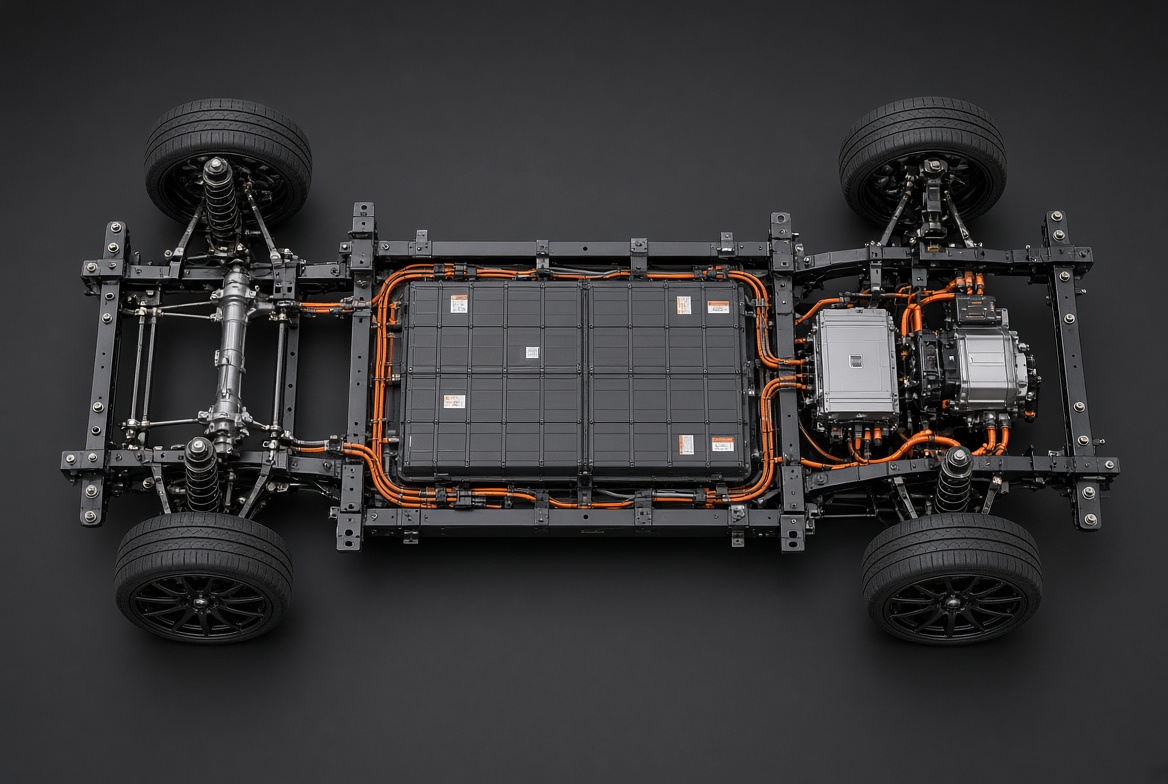 Top-down concept render of the E-Box chassis showing the battery pack, drive unit, and suspension layout