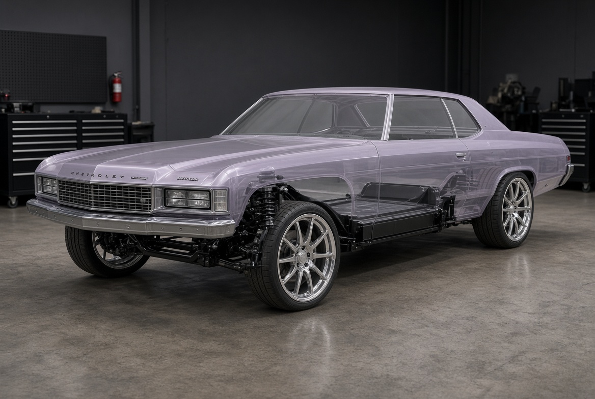 Concept visualization of the E-Box chassis beneath a big-wheel body shell, shown ghosted to reveal the platform underneath